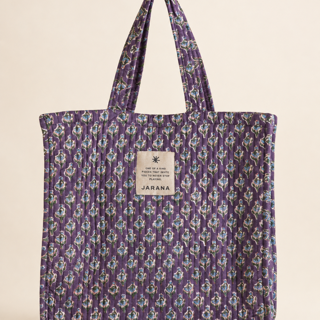 Block-printed quilted cotton tote bag made from leftover Jarana production fabric