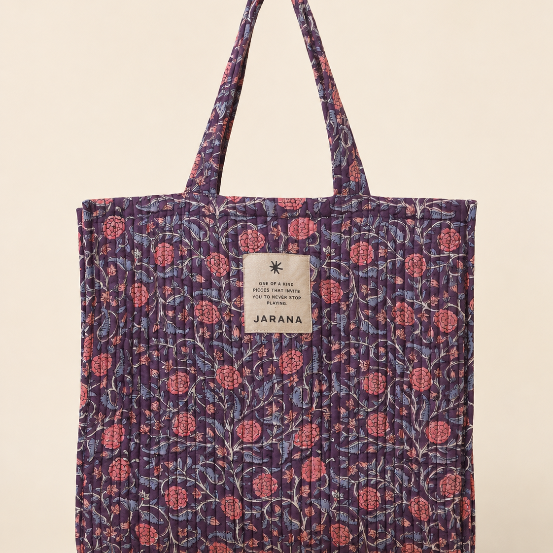 Lightweight quilted cotton tote bag with hand block print and inner pocket