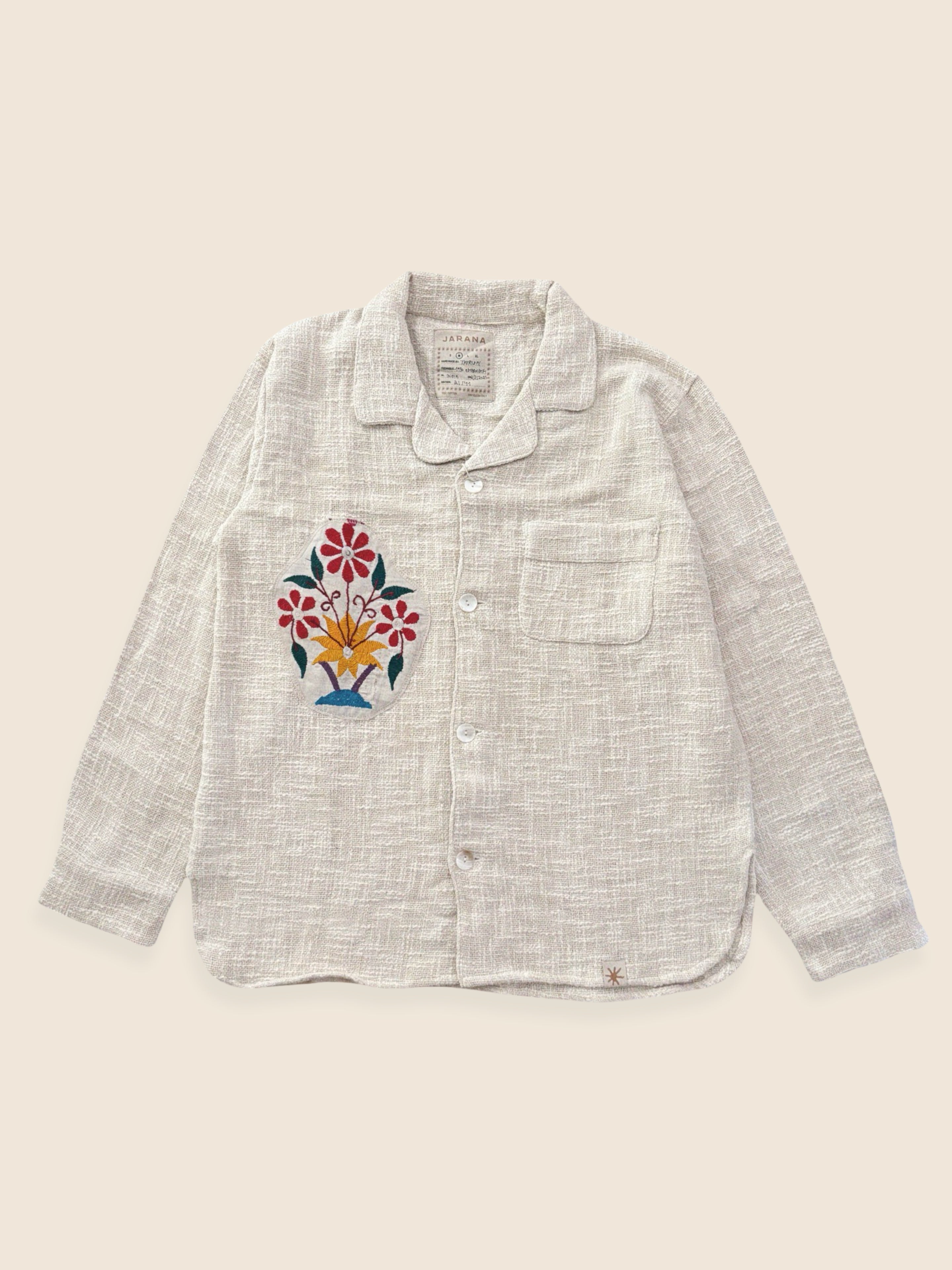 Vintage embroidered Kutch overshirt made from handloom cotton and shell buttons