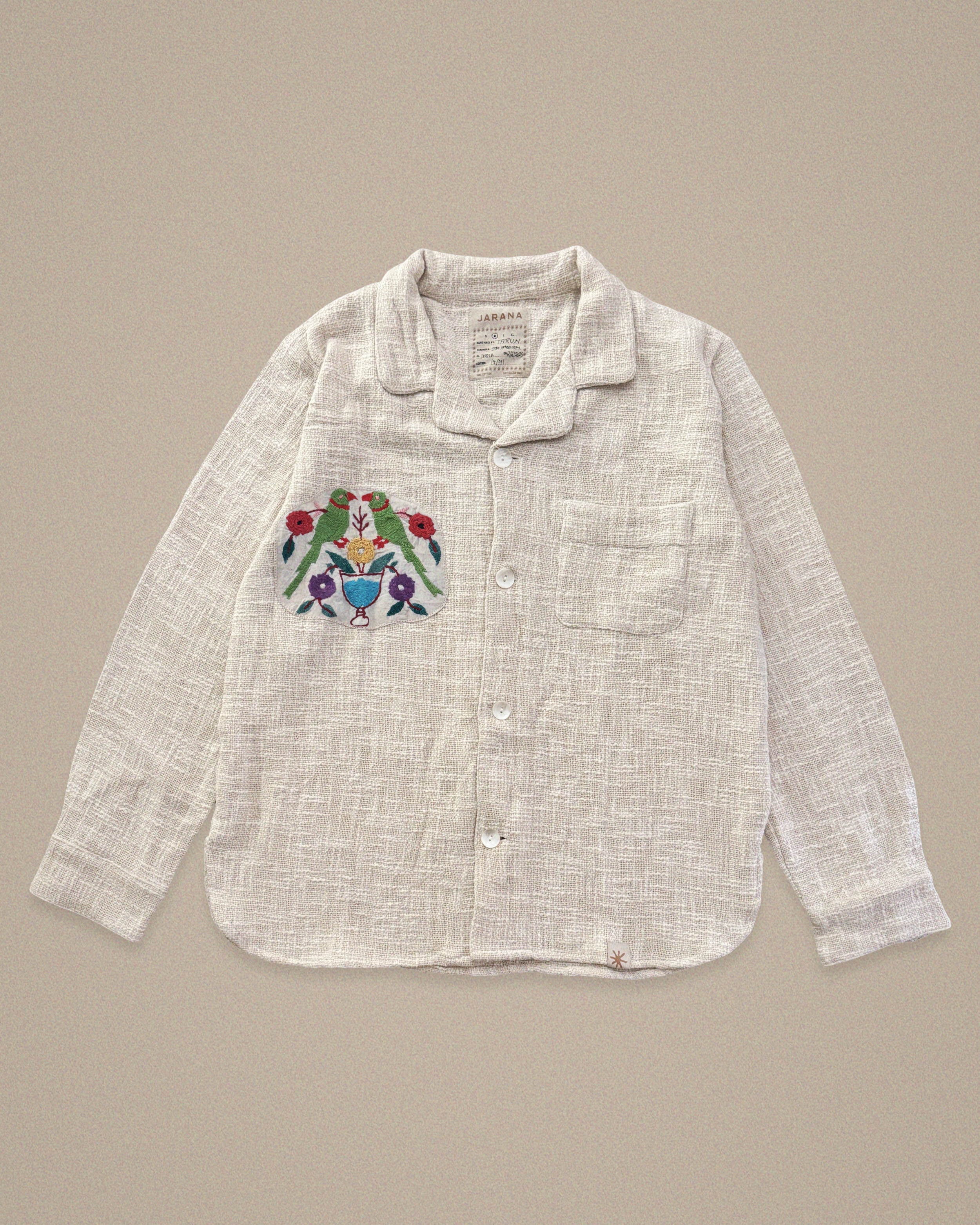 Handmade cotton shirt with embroidered floral and bird pattern β crafted by Jarana