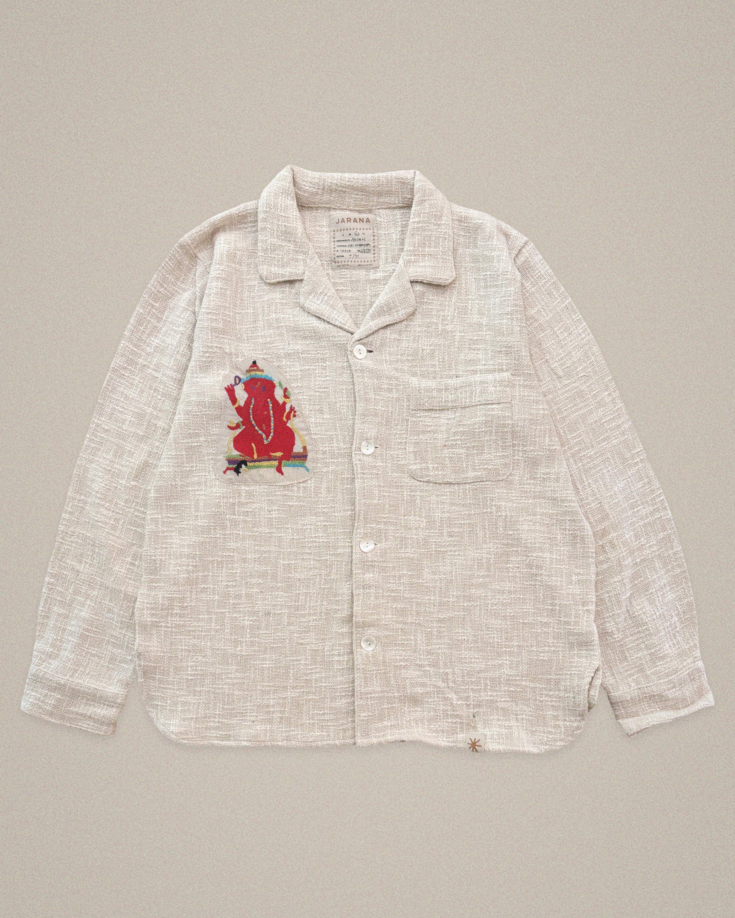 Handmade cotton shirt with red Ganesha embroidery β spiritual Indian textile art by Jarana