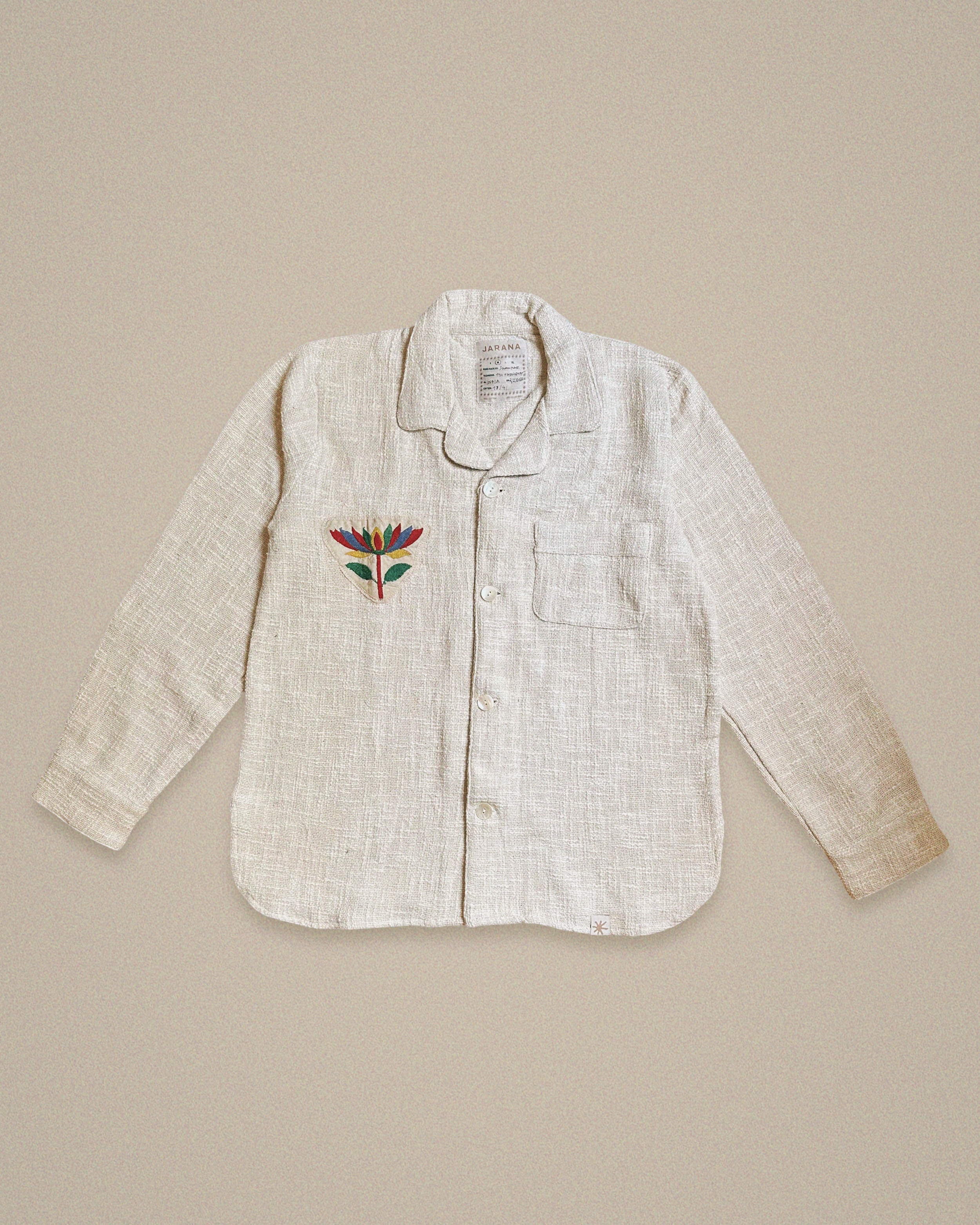 Handmade linen shirt with colorful lotus embroidery β minimal floral motif by Jarana