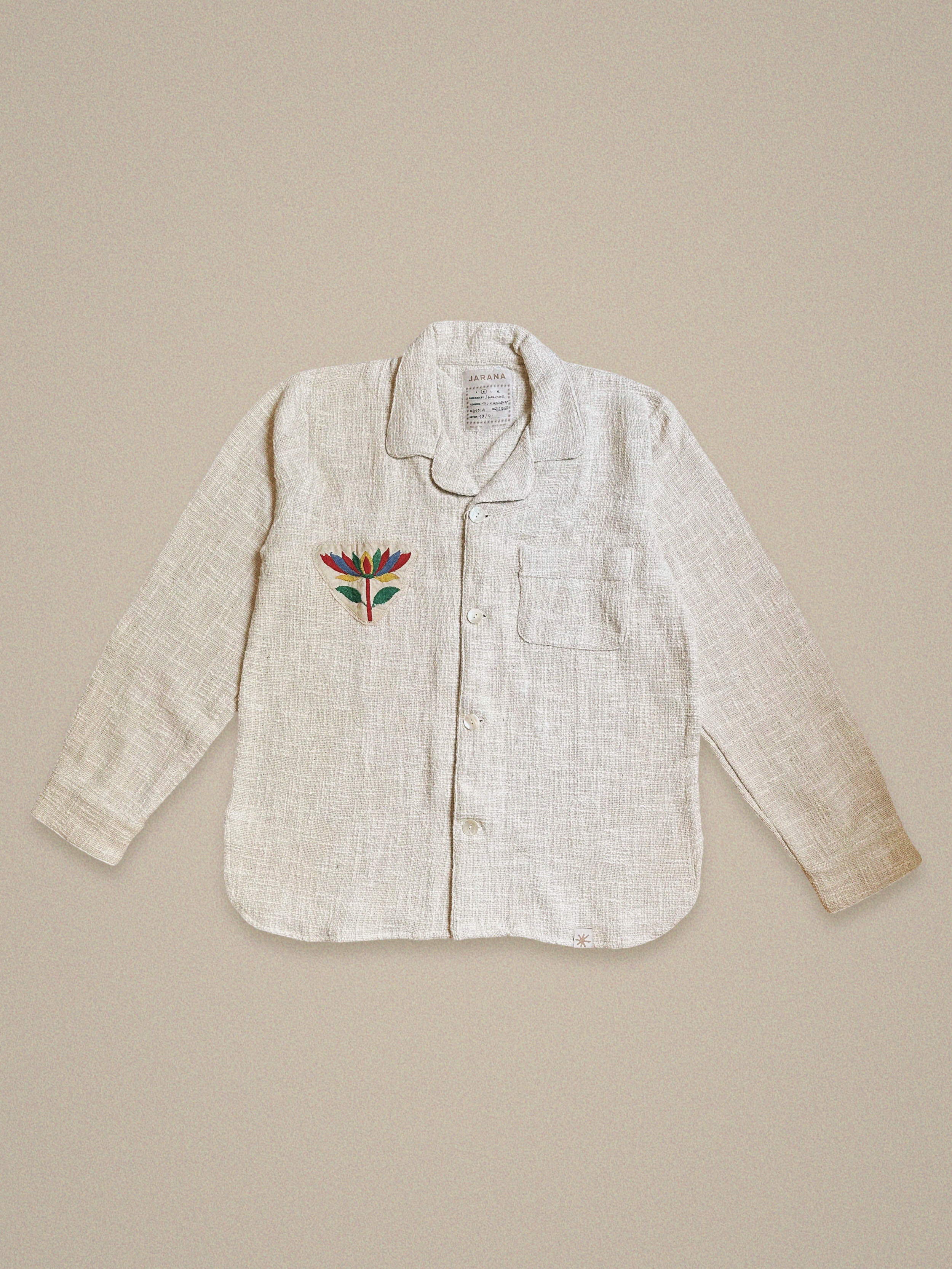 Handmade linen shirt with colorful lotus embroidery β minimal floral motif by Jarana