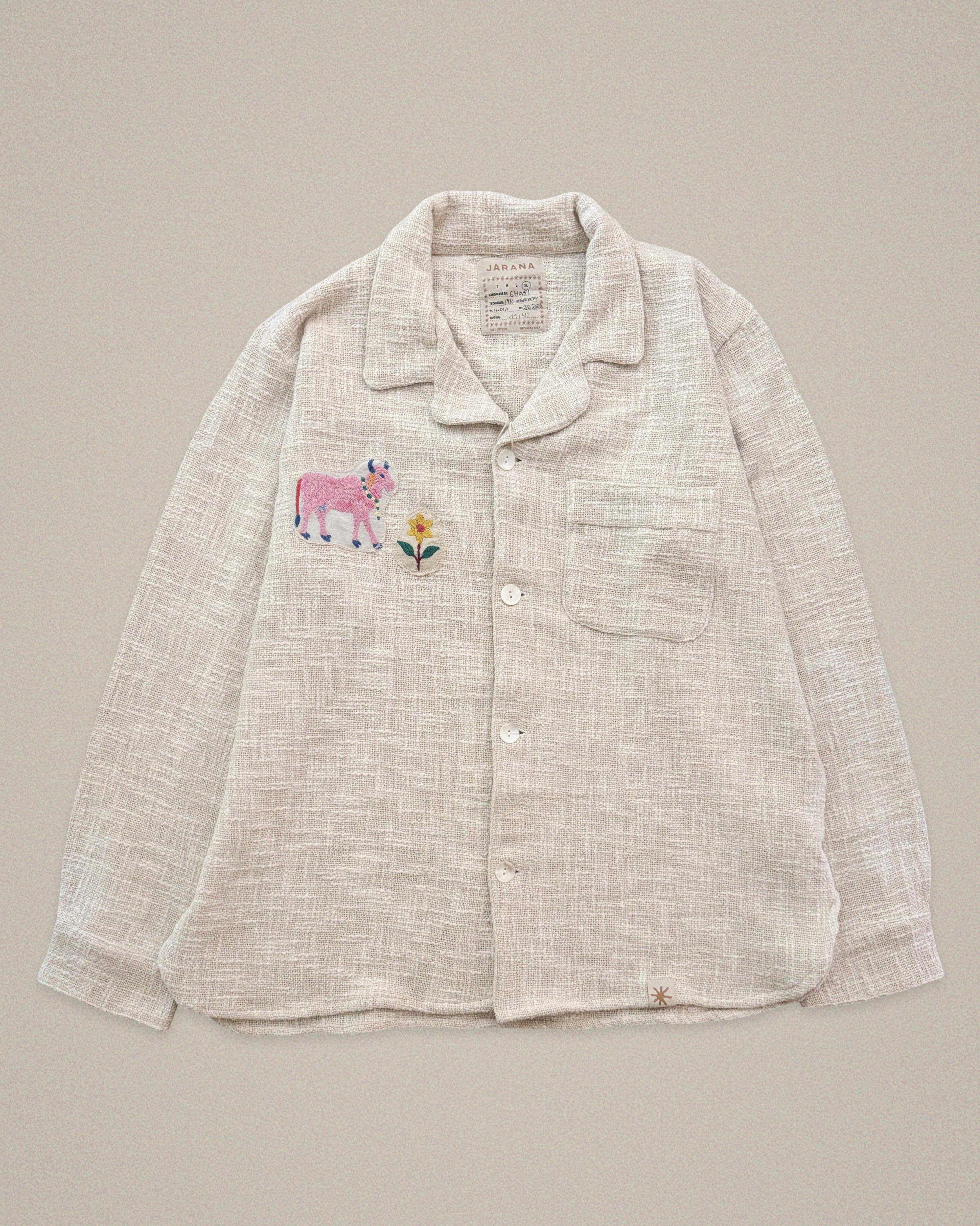 Handmade raw cotton shirt with pink cow and yellow flower embroidery β Jarana limited edition
