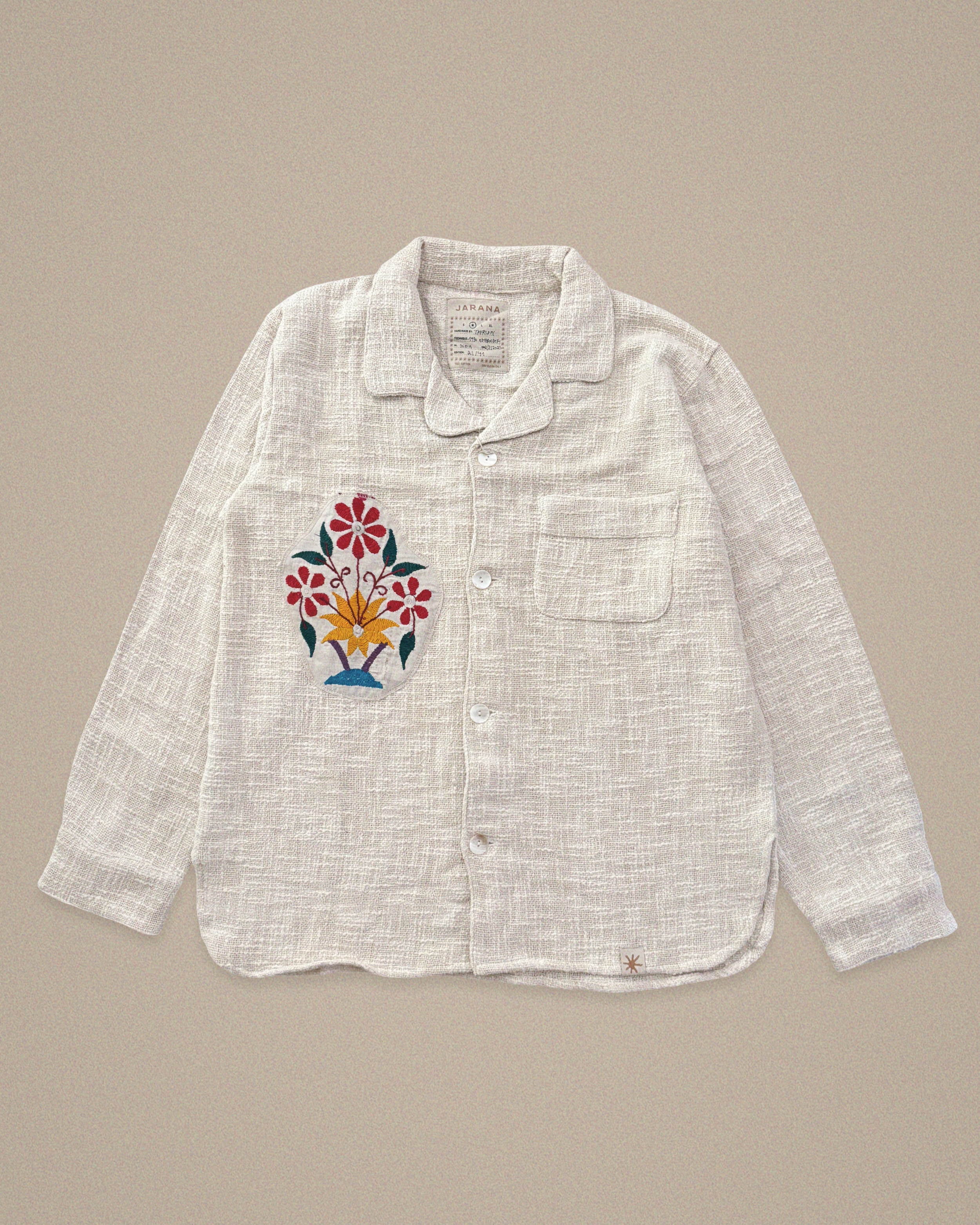 Handmade linen shirt with floral embroidery in red and yellow β limited edition by Jarana