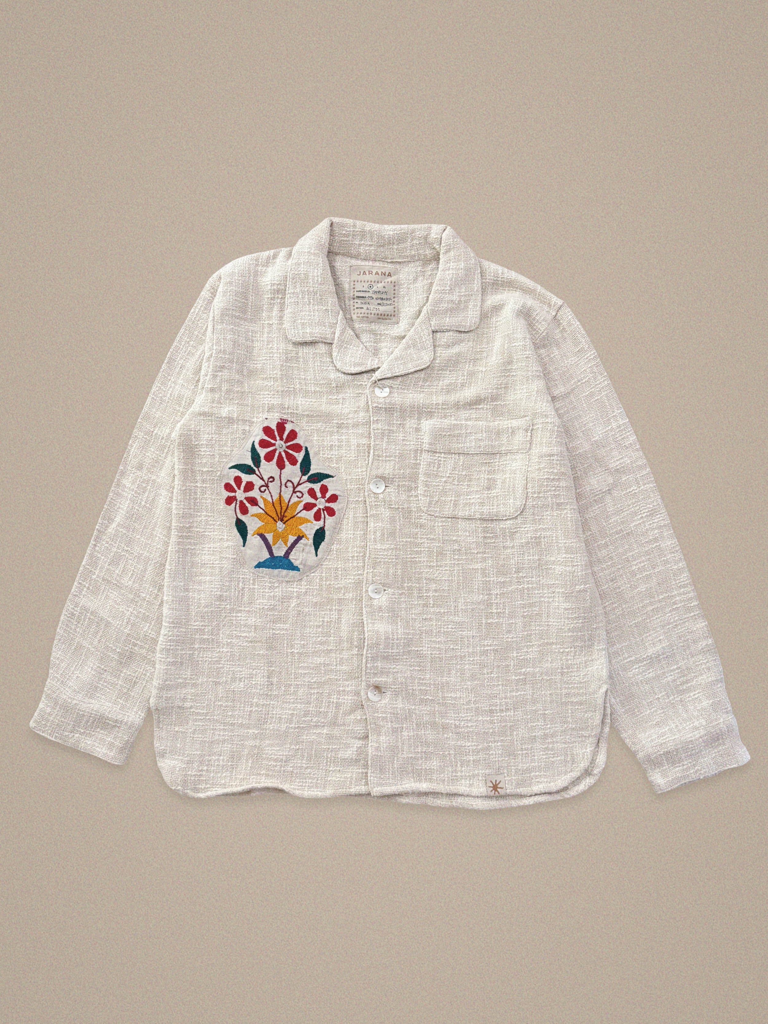Handmade linen shirt with floral embroidery in red and yellow β limited edition by Jarana
