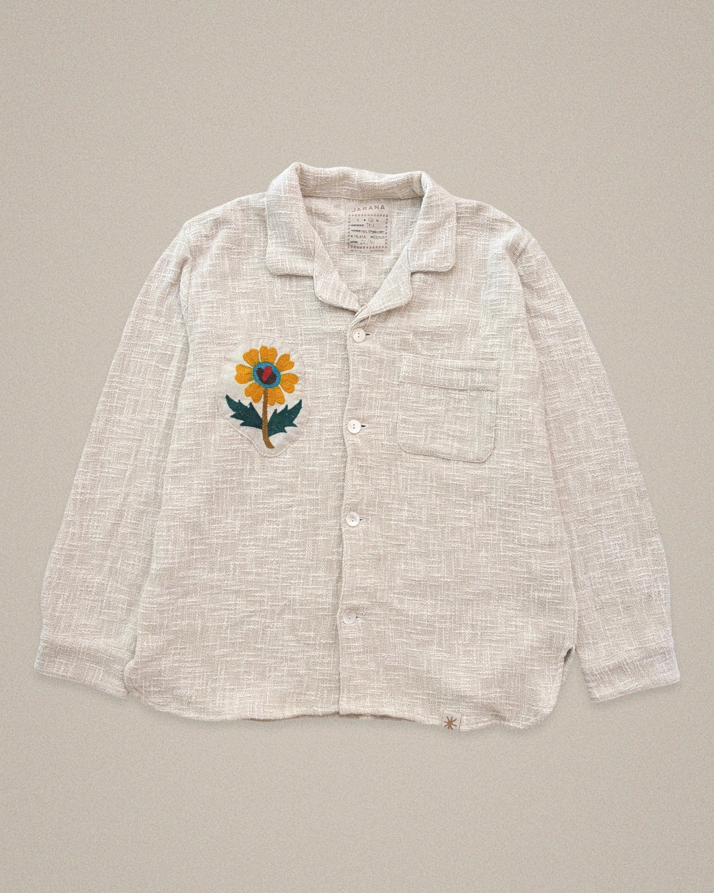 Handmade cotton shirt with sunflower embroidery β natural motif on vintage textile by Jarana