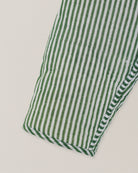 Detail of green and white striped cotton sleeve from a quilted reversible jacket with blockprinted texture