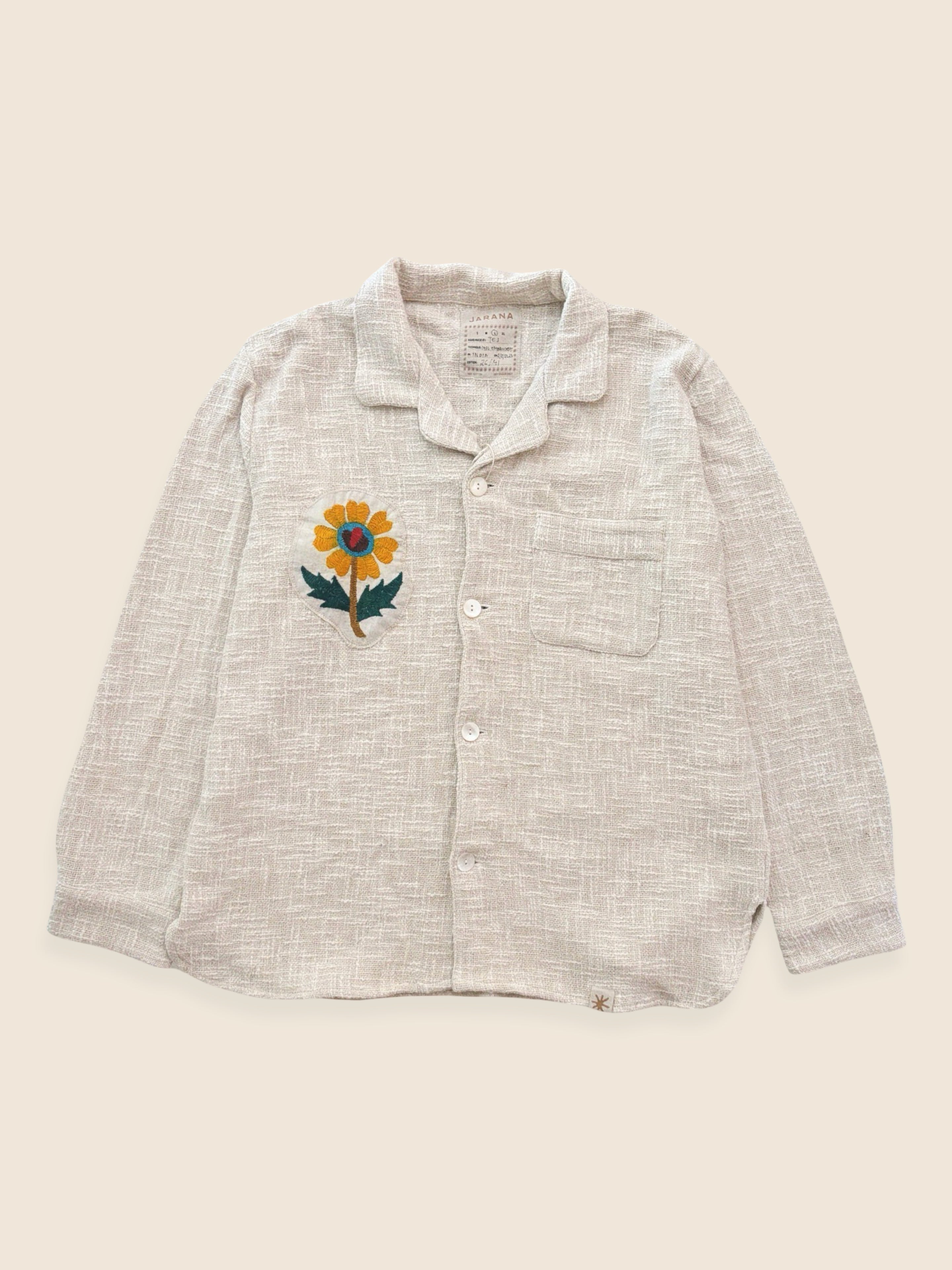 Gujarat embroidered handloom overshirt with original hand-stitched sunflower vintage patch