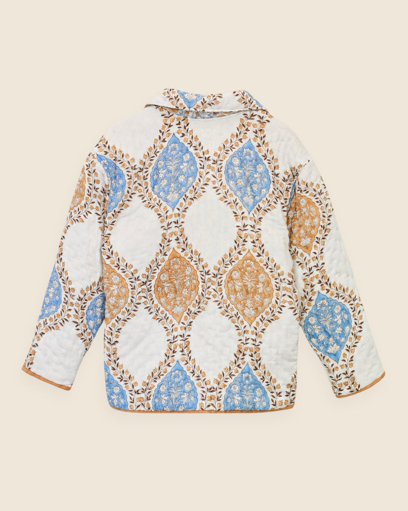Back view of reversible quilted jacket showing hand-printed cotton pattern