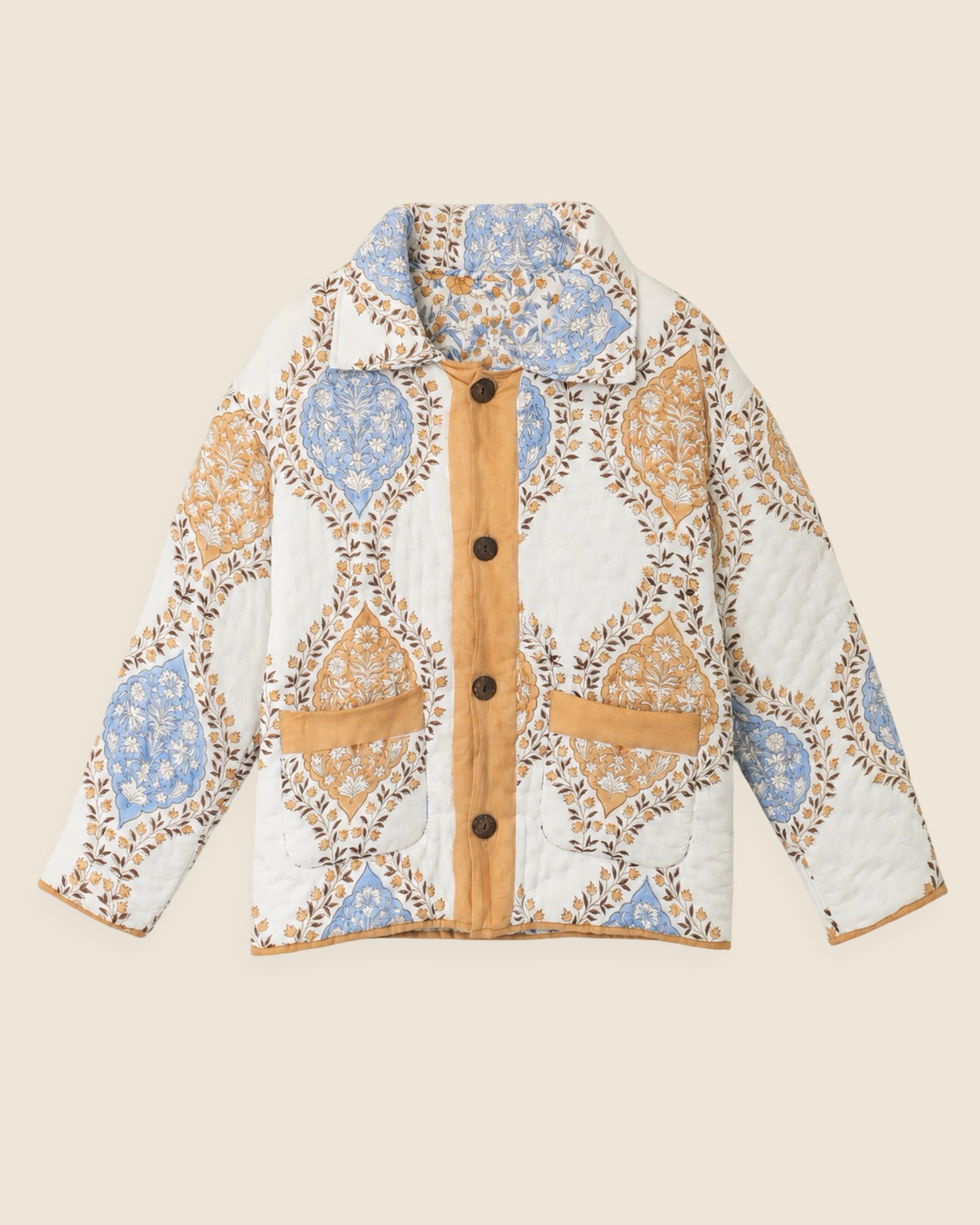 Reversible quilted cotton jacket made from Jaipur hand block-printed fabric