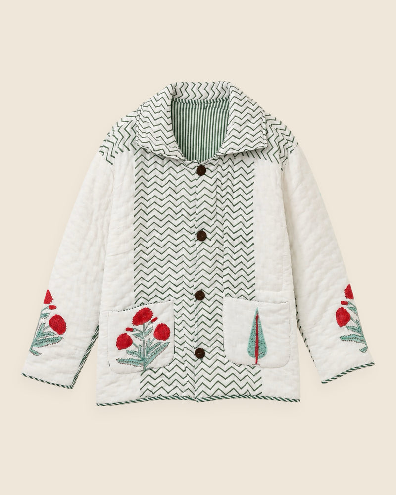 Jarana reversible quilted jacket with floral hand block print and coconut buttons