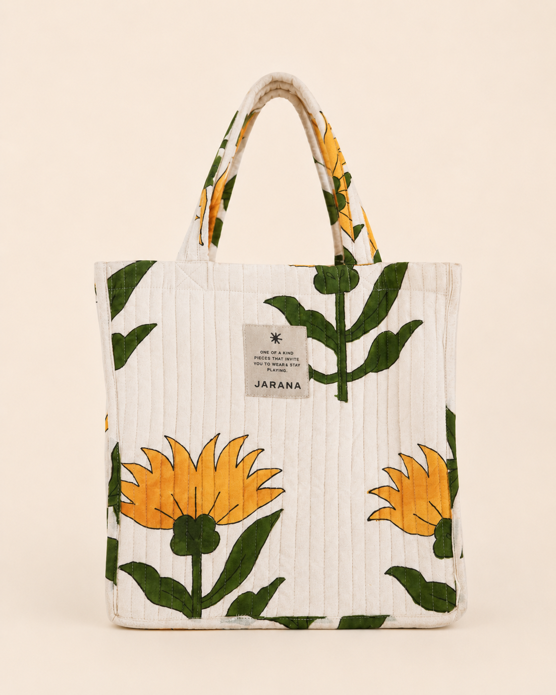 Block-printed cotton tote bag with padded quilting and practical daily shape