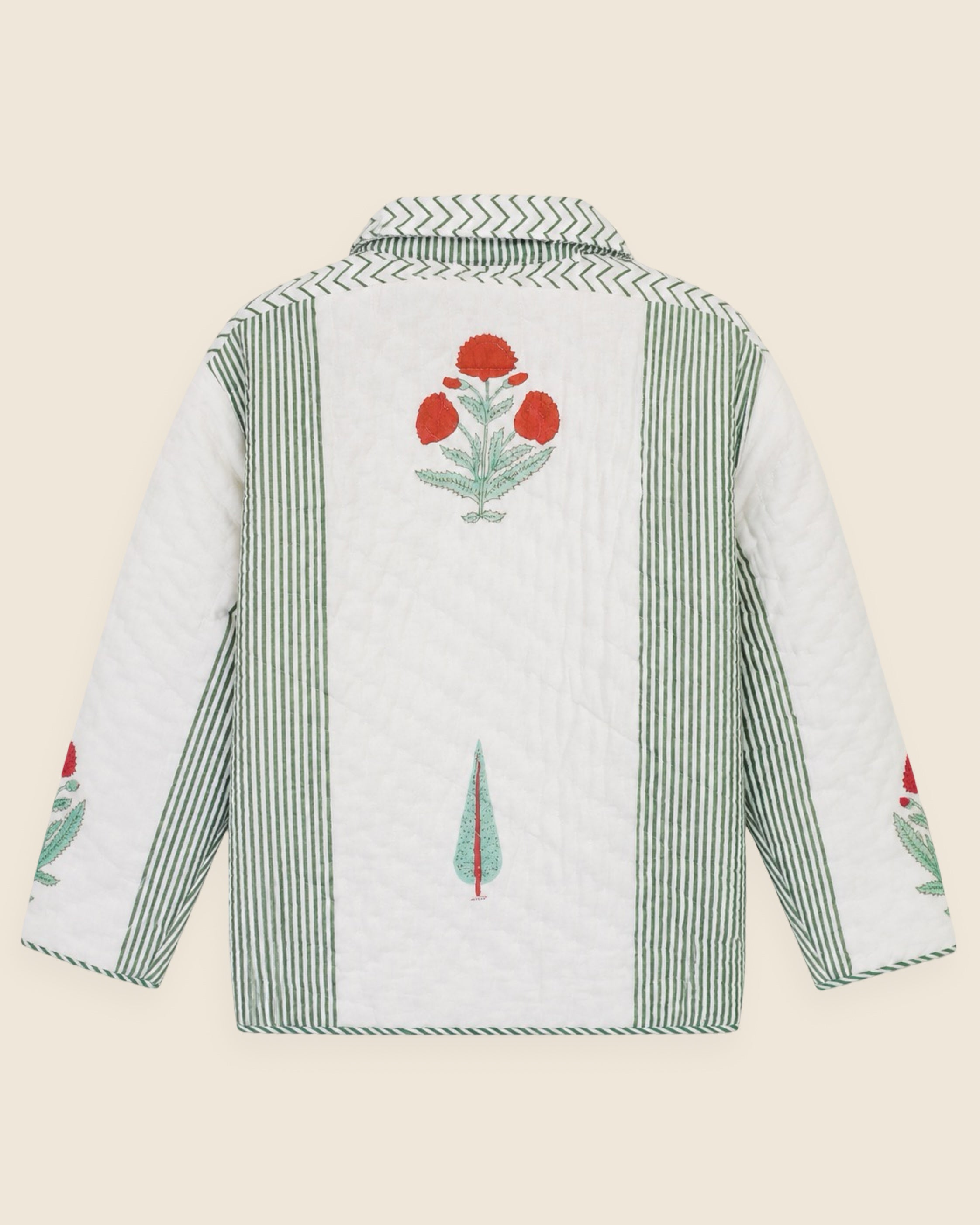 Back view of reversible quilted cotton jacket made in India with floral print