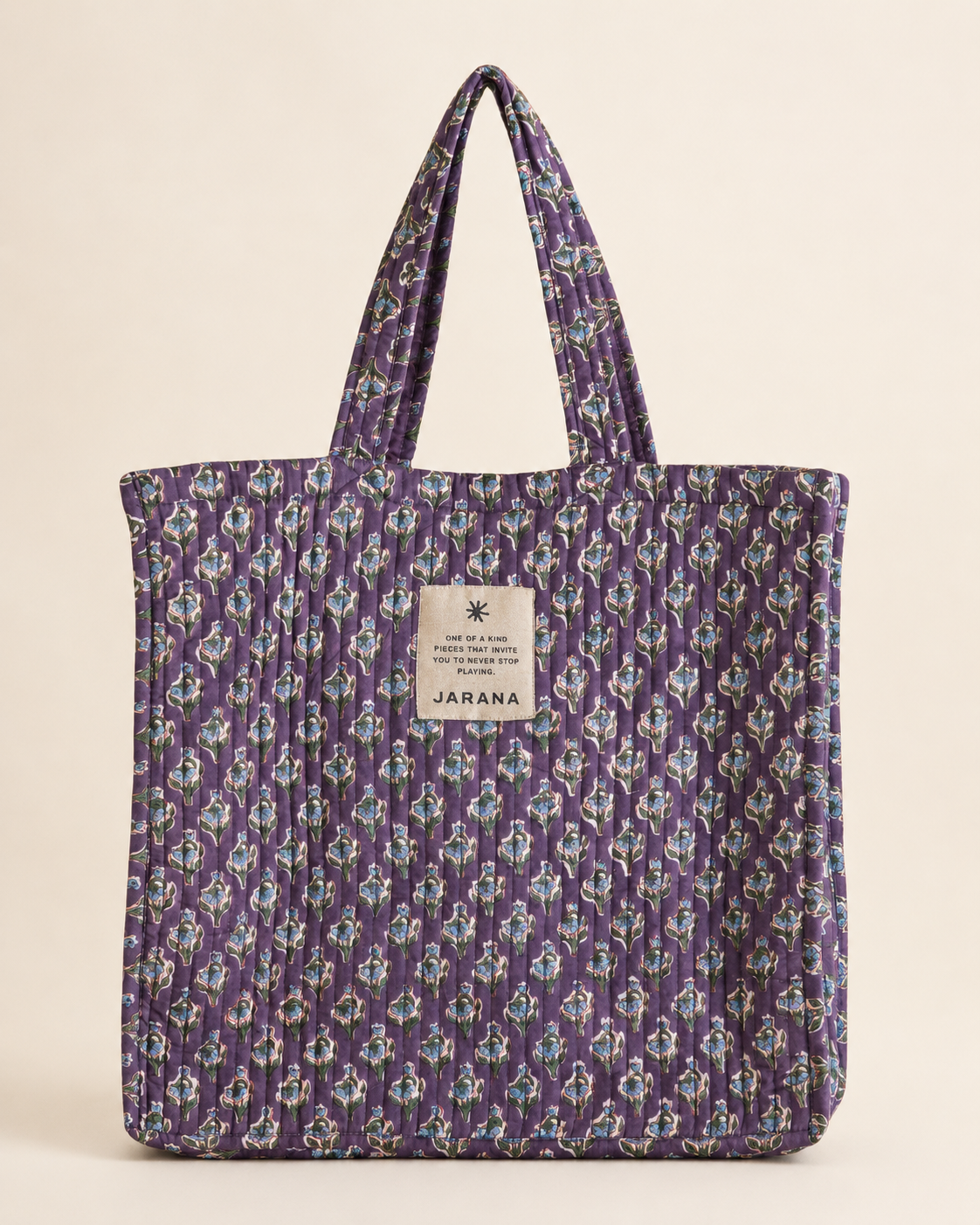 Block-printed quilted cotton tote bag made from leftover Jarana production fabric