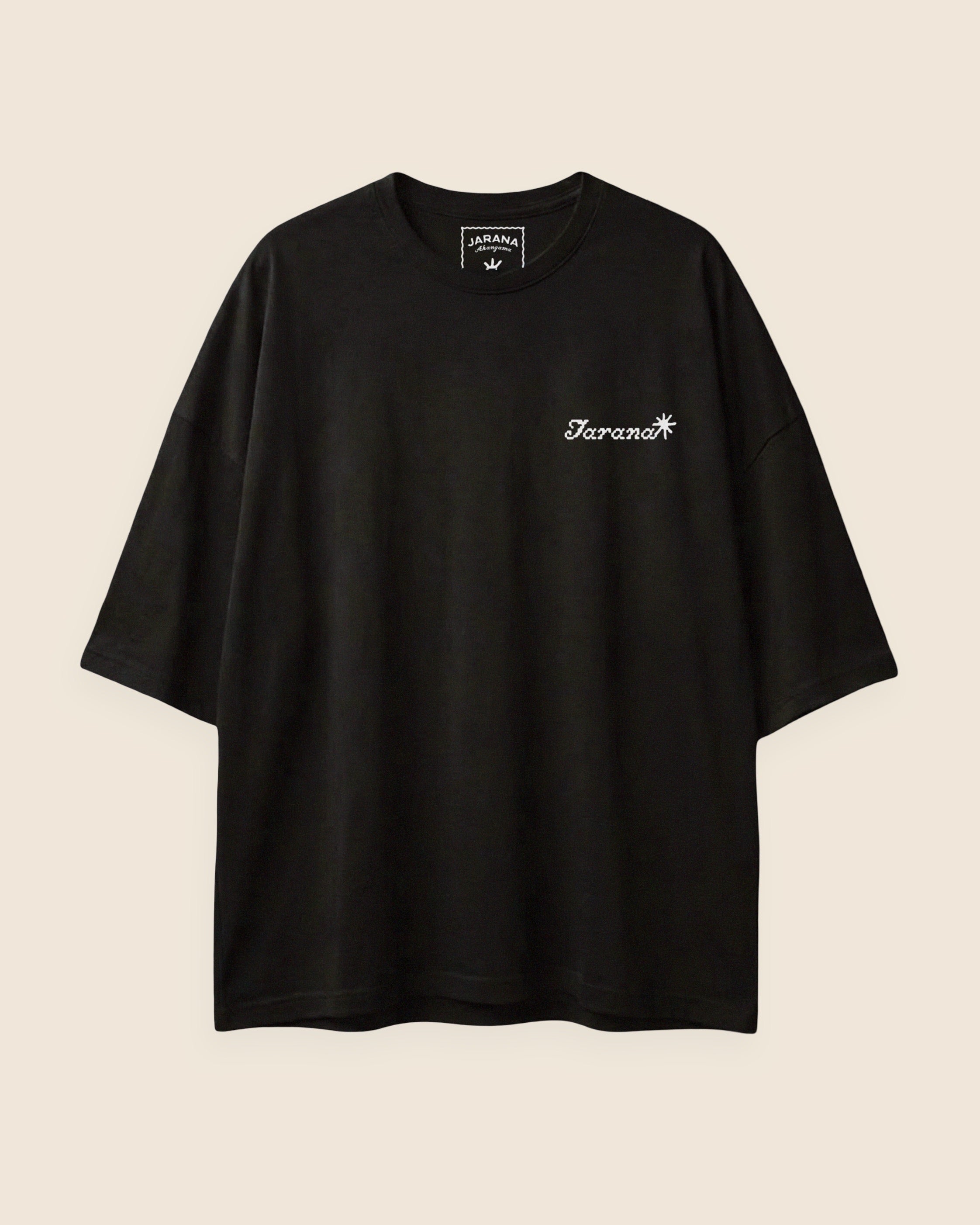 Black t-shirt with 'Jarana' logo on a beige background