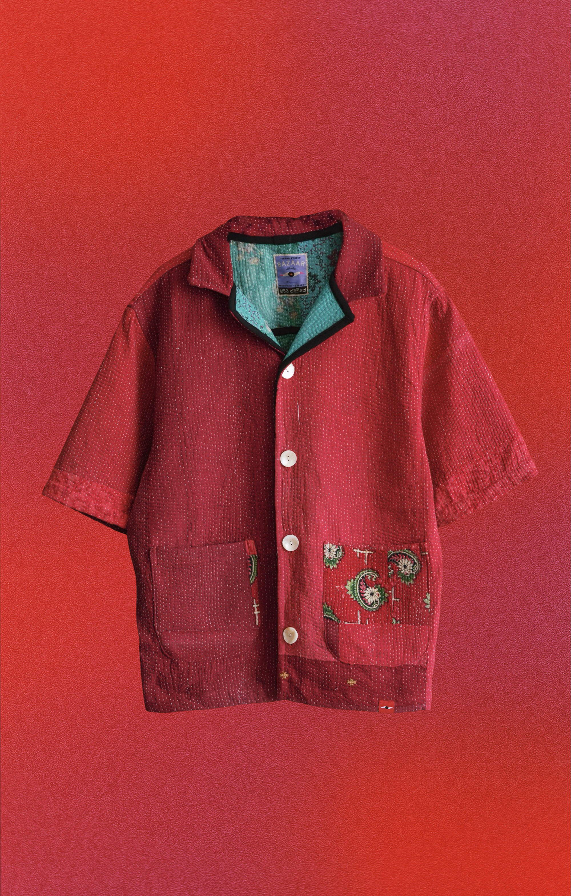 Recut cotton kantha jacket with patchwork panels and visible handmade stitching