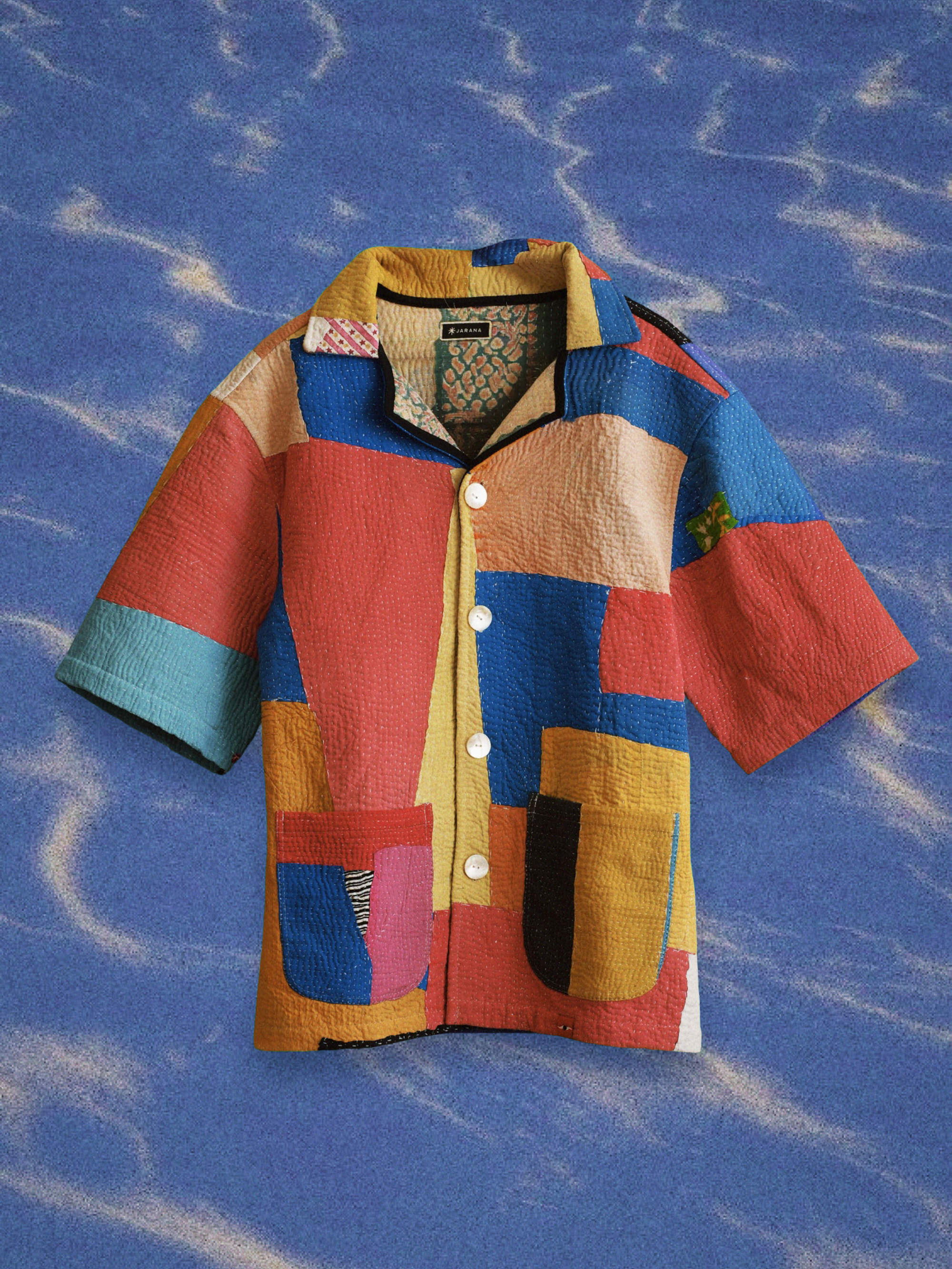 Handmade cotton kantha shirt with old textile character and irregular stitchwork