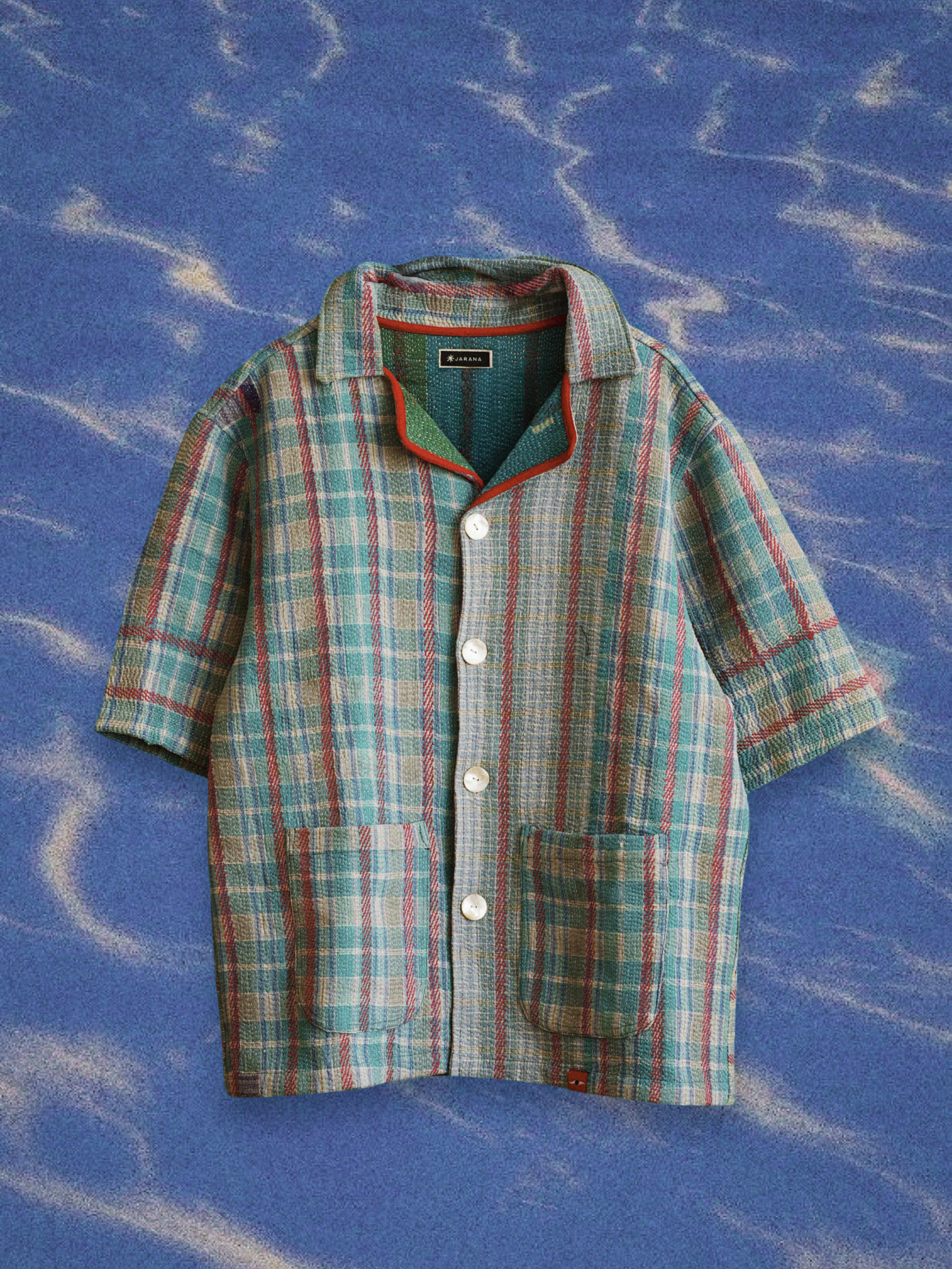 Archive kantha cotton shirt with layered fabric, visible repairs, and worn texture