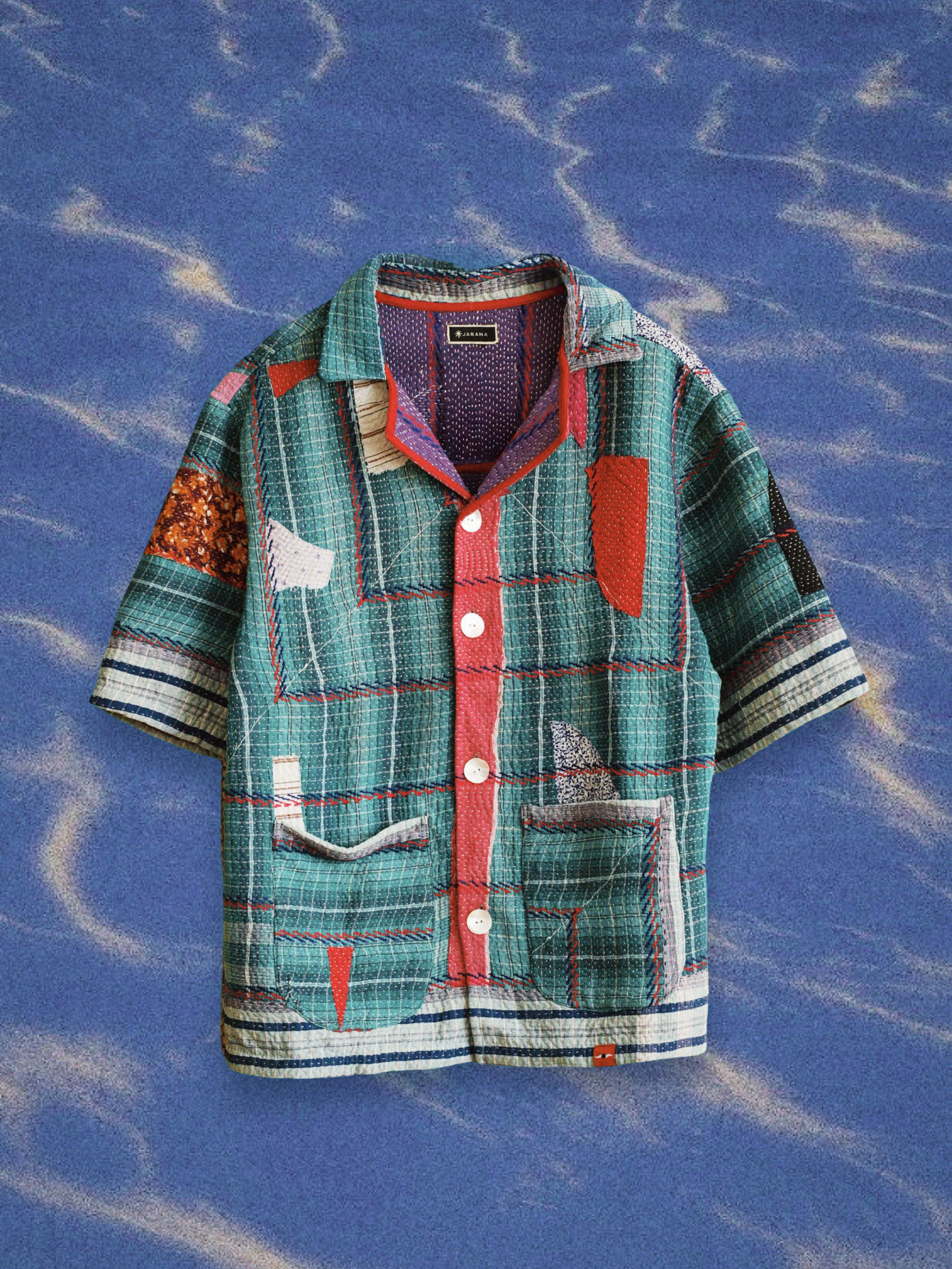 Handmade vintage kantha jacket with soft cotton layers and faded colour variations