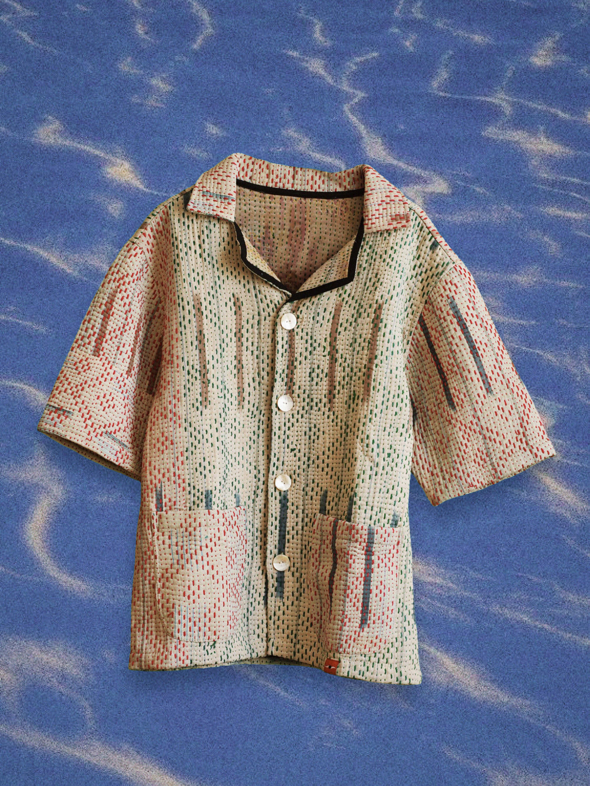 Vintage kantha cotton jacket with old handwork, quilted texture, and loose shape
