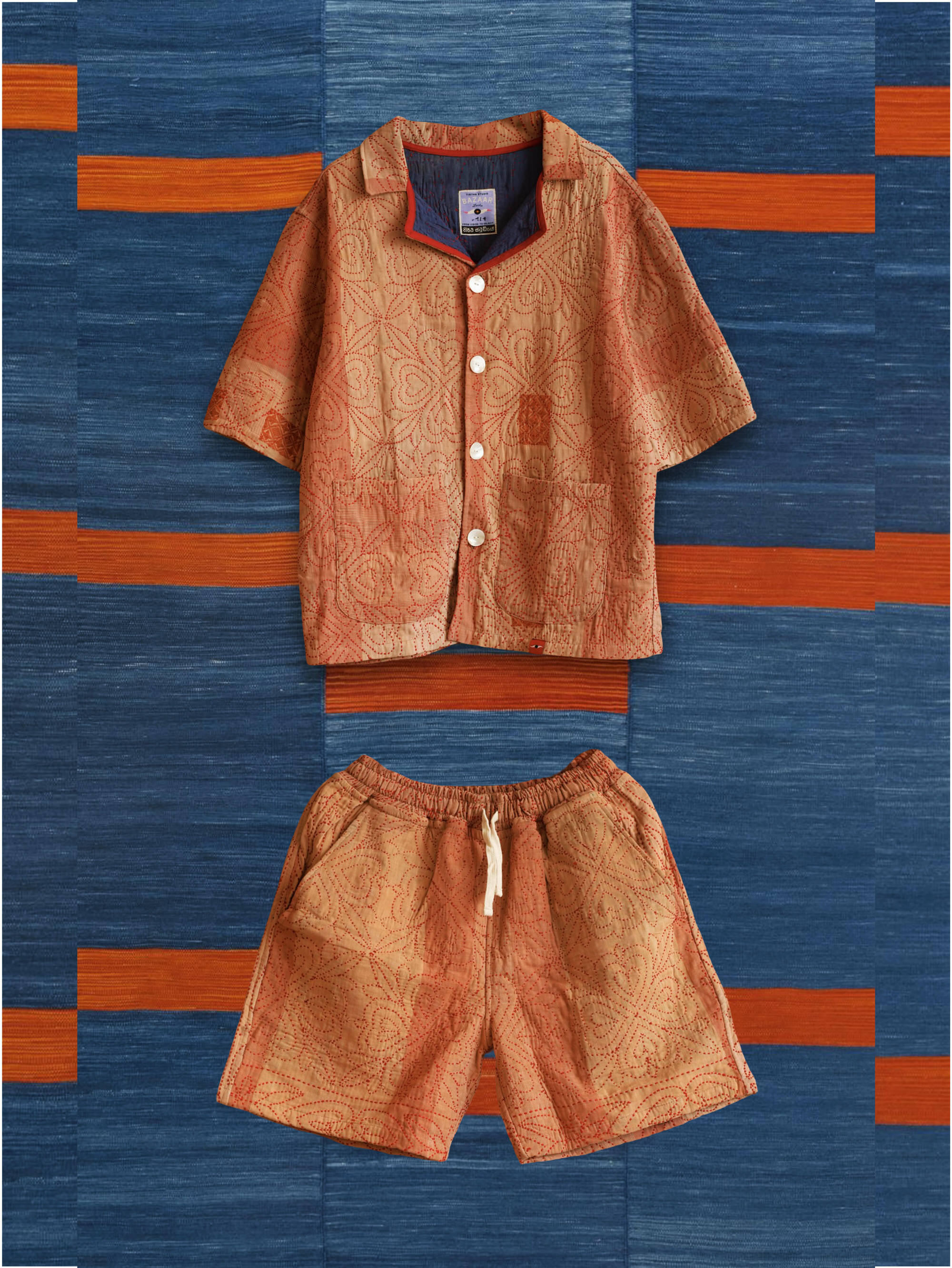 One-of-one vintage kantha set with relaxed jacket shape and handmade quilting