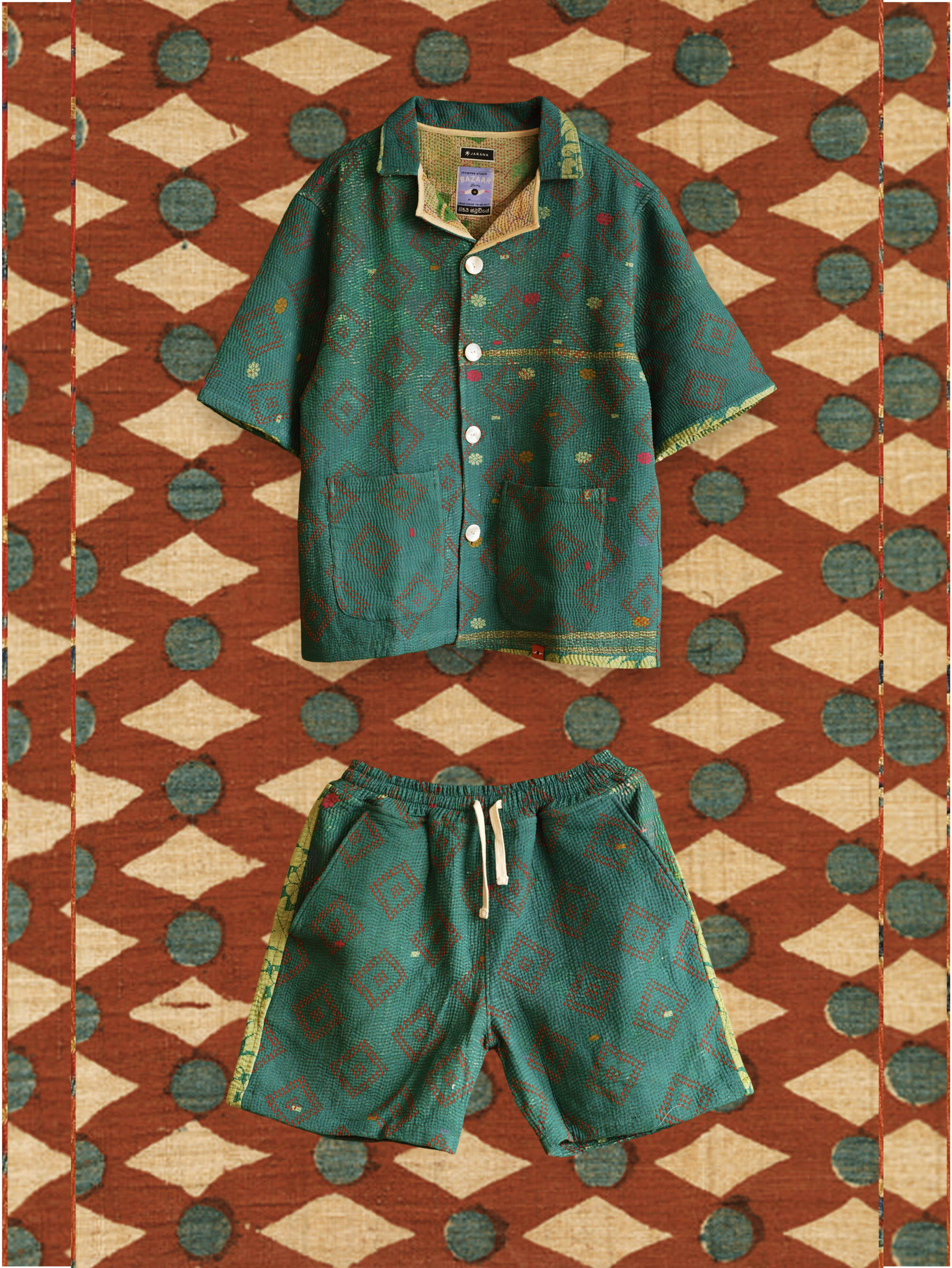 One-of-one vintage kantha set with quilted body and irregular stitch lines