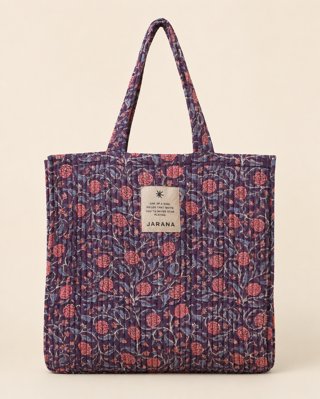 Lightweight quilted cotton tote bag with hand block print and inner pocket