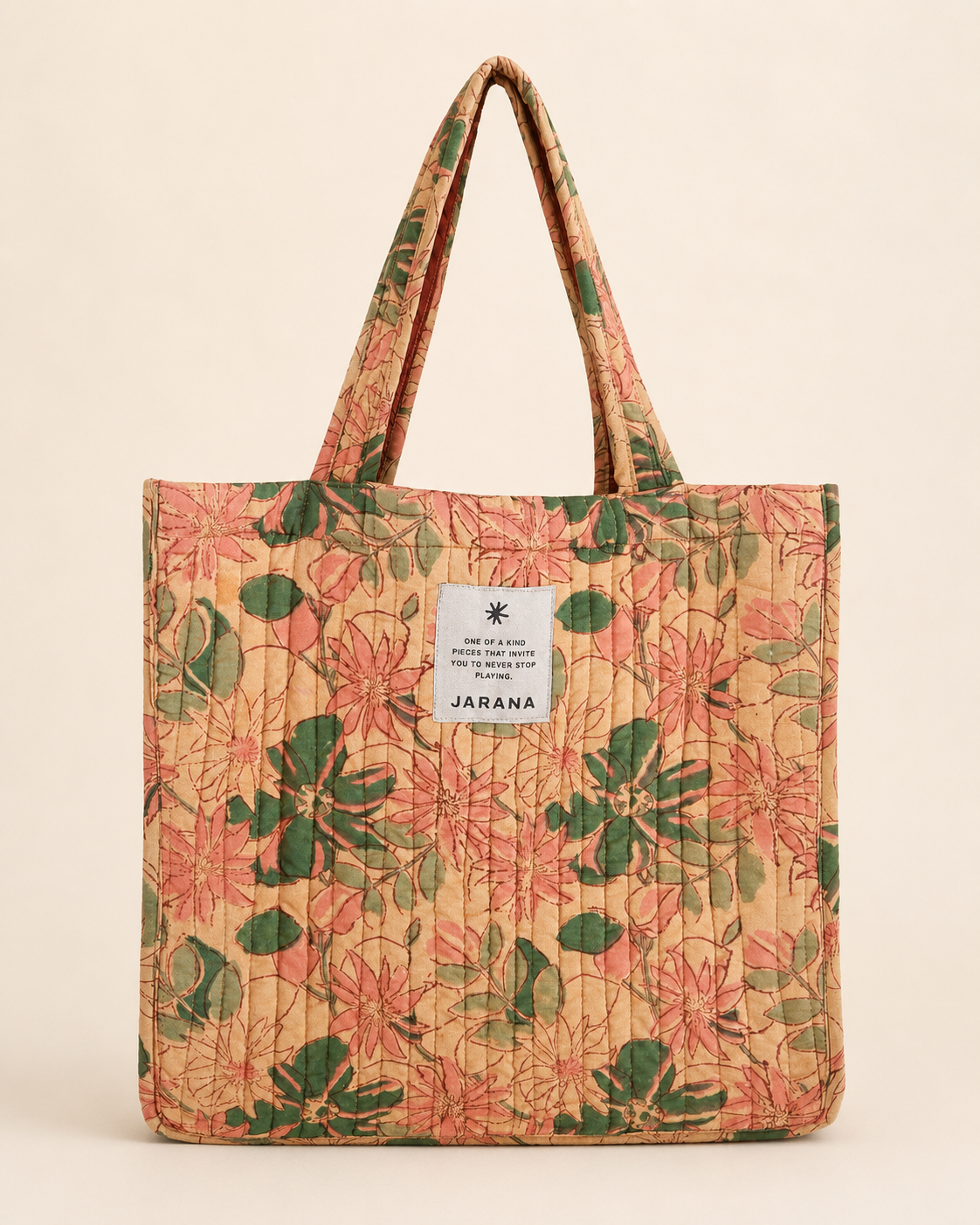 Jarana quilted cotton tote bag made with hand block-printed Indian fabric