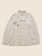One-of-one Kutch patchwork overshirt with shell buttons and vintage cow embroidery