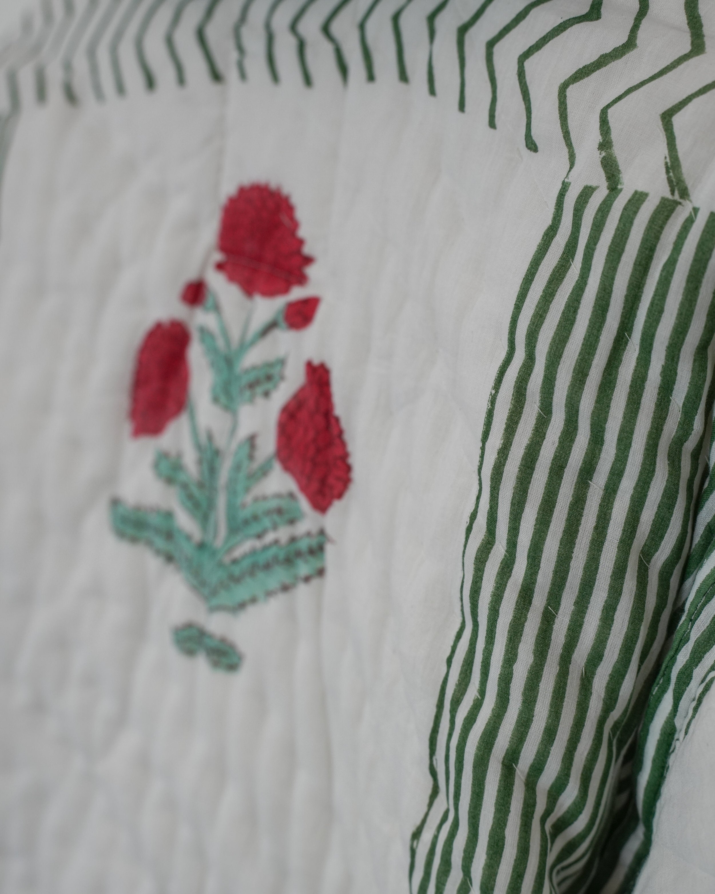 Close-up of back side floral motifs of reversible blockprinted quilted cotton jacket