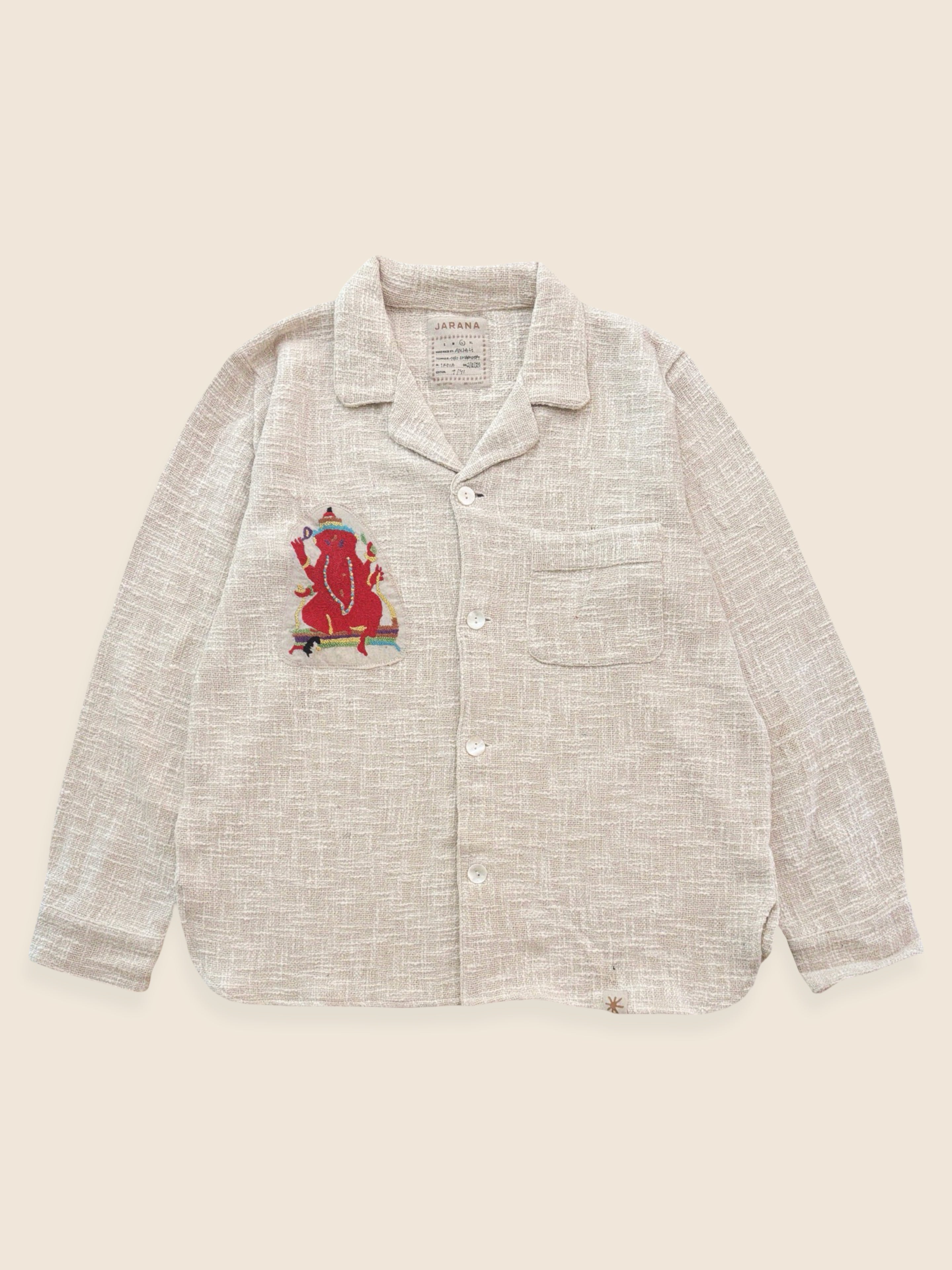 Handloom cotton overshirt with authentic 1920s Kutch Ganesh embroidered textile patch