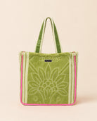Green tote bag made from upcycled local Sri Lankan towel, front view, with soft towel texture, lining and inner pocket by Jarana