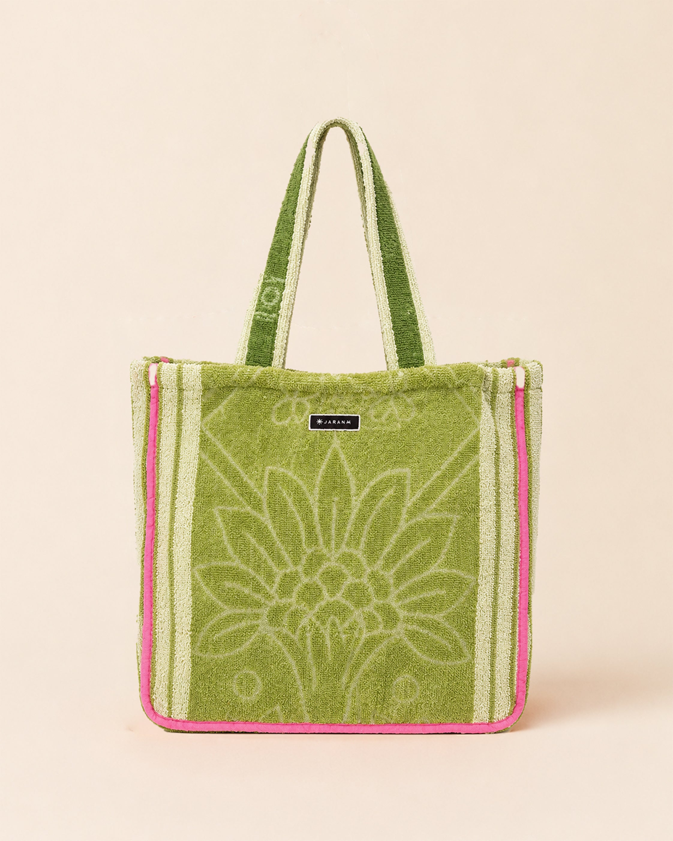 Green tote bag made from upcycled local Sri Lankan towel, front view, with soft towel texture, lining and inner pocket by Jarana