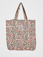 Quilted cotton tote bag with delicate orange floral block print, handmade from leftover fabric by Jarana.