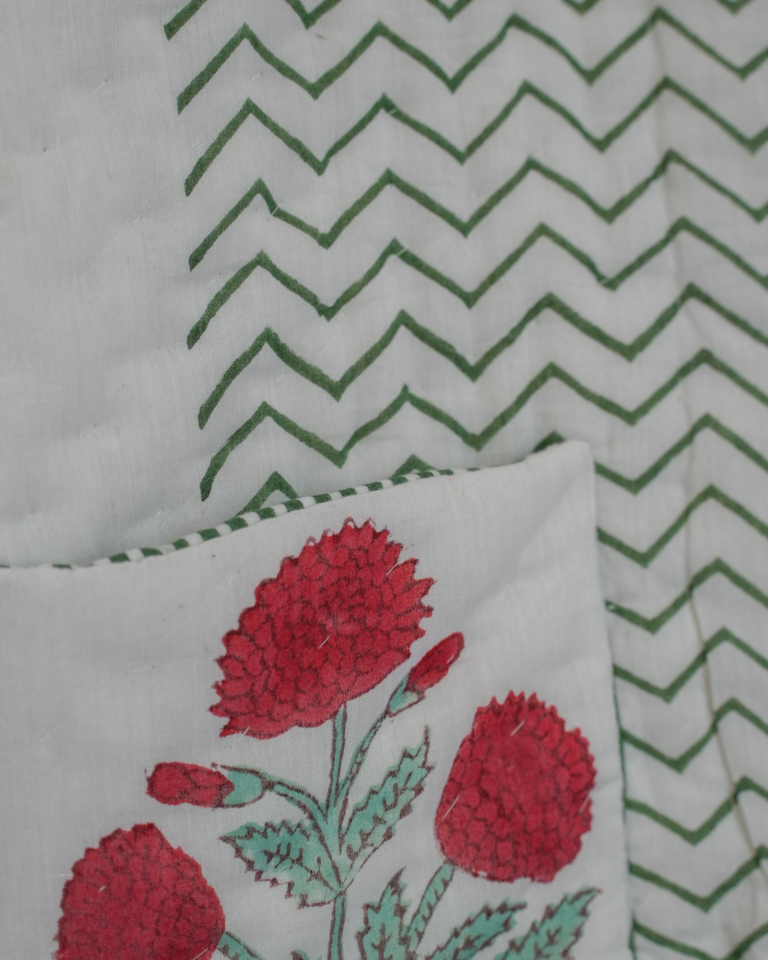 Close-up of floral hand blockprinted pocket on quilted cotton jacket with green zigzag pattern background