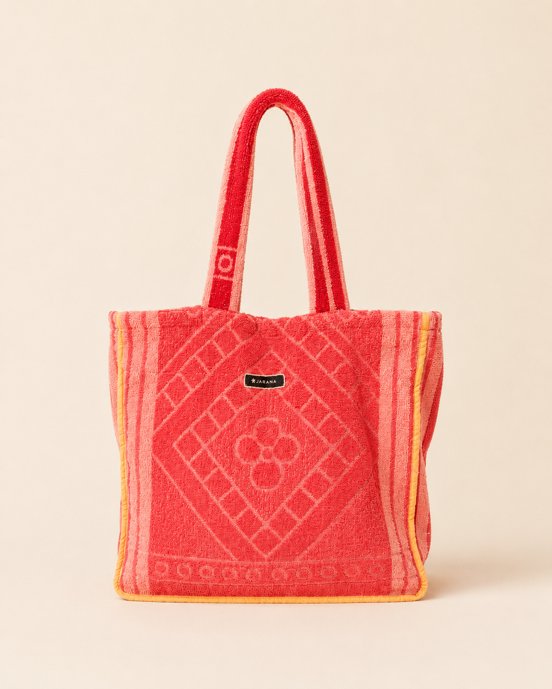 Red striped tote bag made from upcycled local Sri Lankan towel, front view, with lining and inner pocket by Jarana