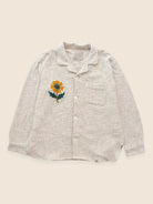 Gujarat embroidered handloom overshirt with original hand-stitched sunflower vintage patch