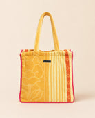 Yellow tote bag made from upcycled local Sri Lankan towel, front view, soft towel texture, contrast lining and Jarana label