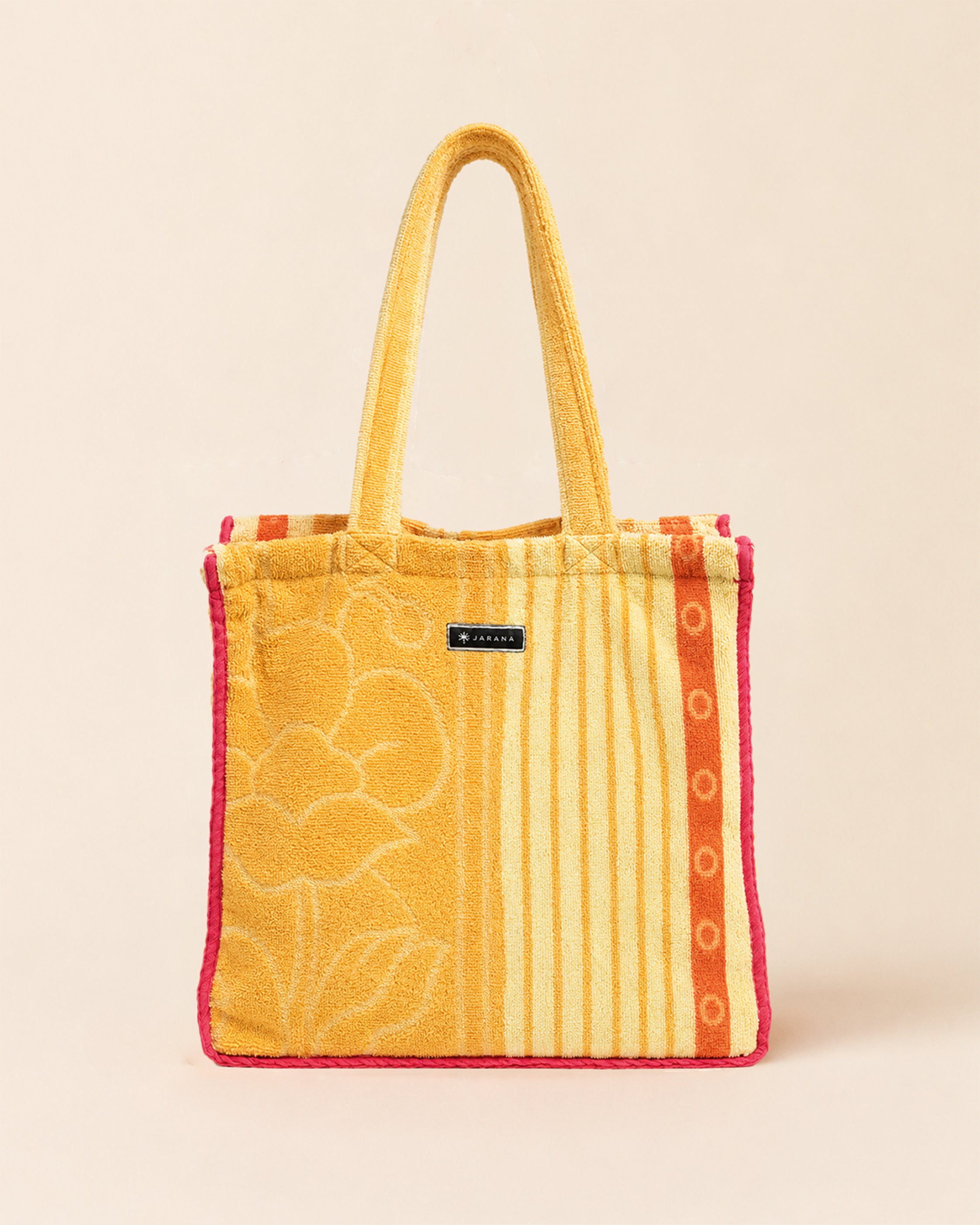 Yellow tote bag made from upcycled local Sri Lankan towel, front view, soft towel texture, contrast lining and Jarana label